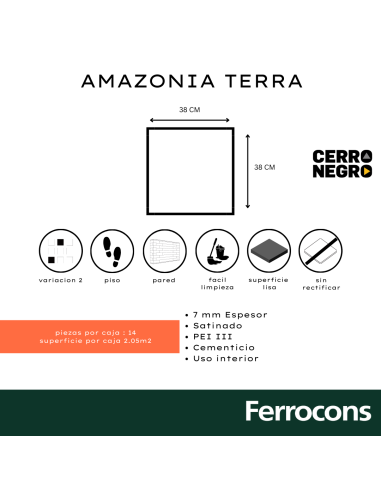 CERÁMICO AMAZONIA TERRA 38X38 CERRO NEGRO - 2DA