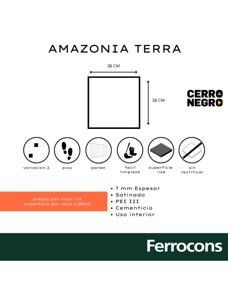 CERÁMICO AMAZONIA TERRA 38X38 CERRO NEGRO - 2DA