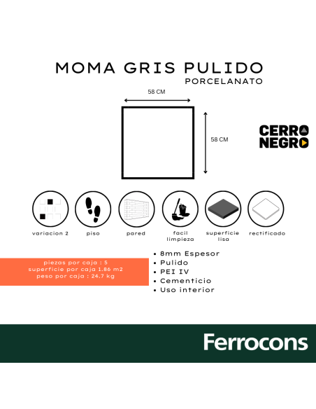 PORCELANATO MOMA GRIS PULIDO 58X58 CERRO NEGRO 2DA