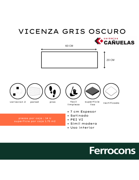 CERÁMICO CAÑUELAS TABLA VICENZA GRIS OSCURO 20X62