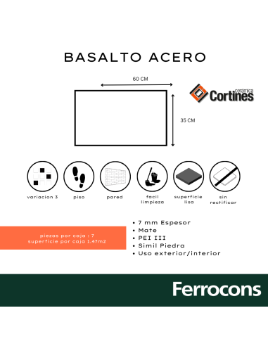 CERÁMICO CORTINES PIEDRA BASALTO ACERO 35X60 /M2