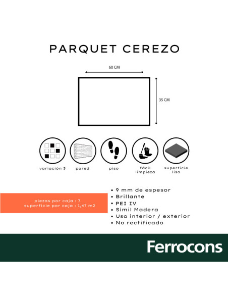 CERÁMICO CORTINES PARQUET CEREZO 35 X 60 /M2