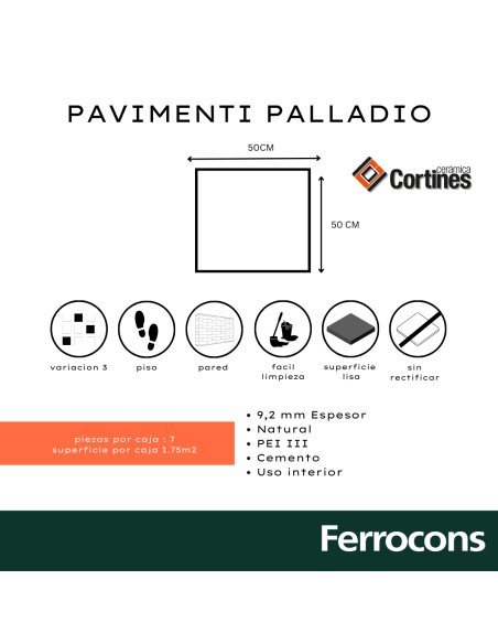 CERÁMICO PAVIMENTI PALLADIO 50X50 /M2 - CORTINES