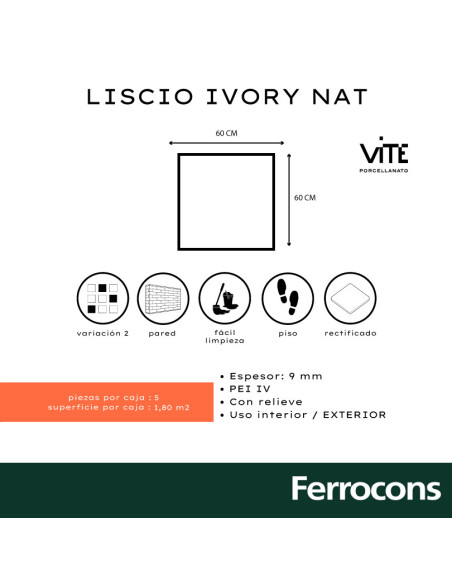 VITE LISCIO IVORY NAT 60X60 REC  X M2