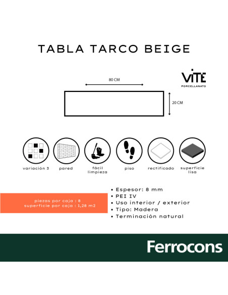 PORCELANATO VITE TABLA TARCO BEIGE 20X80 NAT.