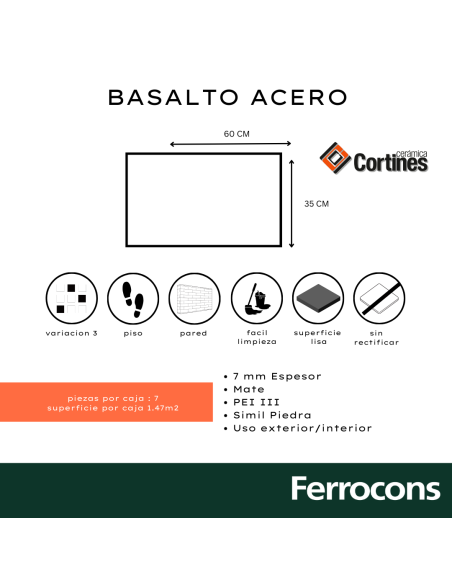 CORTINES PIEDRA BASALTO ACERO 30X45 M2