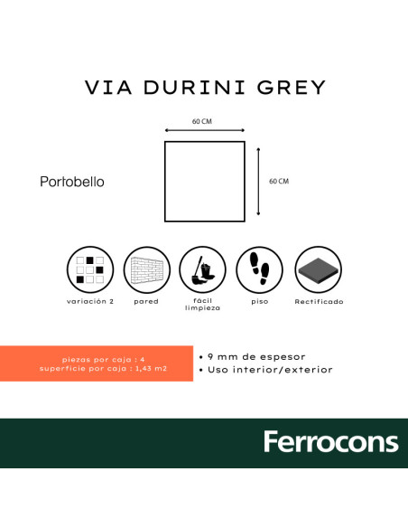 PORTOBELLO VIA DURINI GREY 60X60 NAT RET