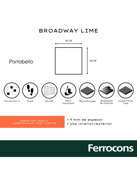 PORTOBELLO BROADWAY LIME 60X60 PULIDO RET PE