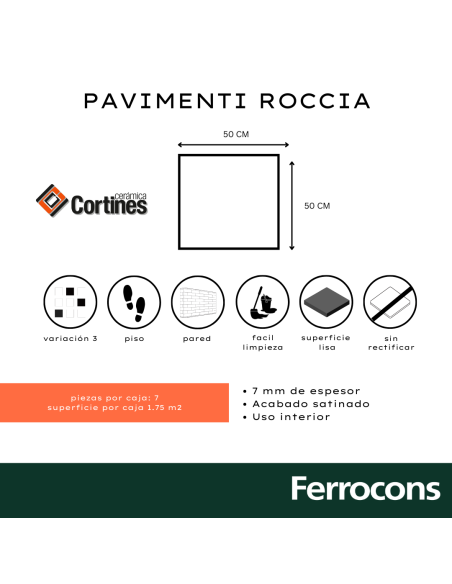 CERÁMICO PAVIMENTI ROCCIA 50X50 /M2 - CORTINES