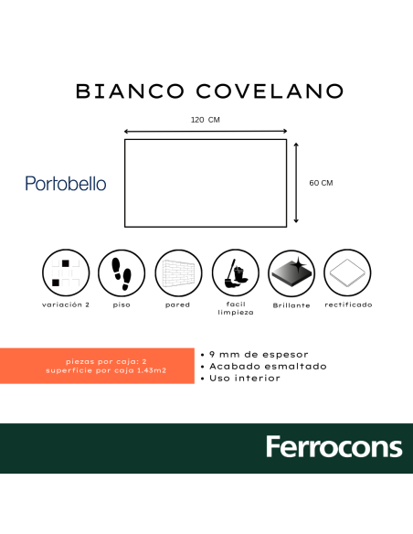PORTOBELLO BIANCO COVELANO 60X120 PUL RECT. /M2