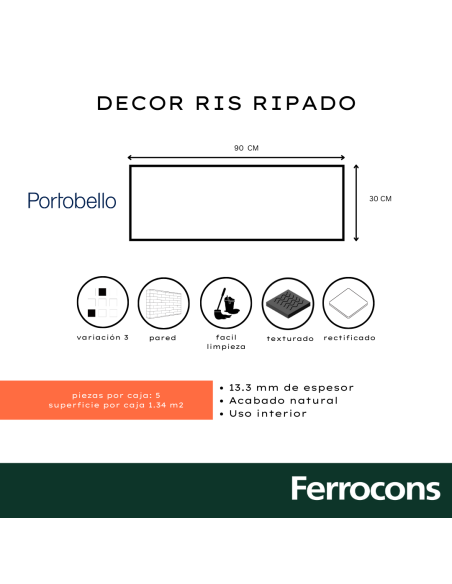 PORTOBELLO DECOR RIS RIPADO 30X90 MATT RET