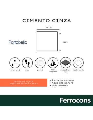PORTOBELLO CIMENTO CINZA  60X60 NAT BOLD