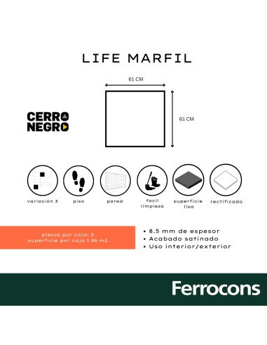 CCN LIFE MARFIL NAT  61X61 R M2 - PORC RECT
