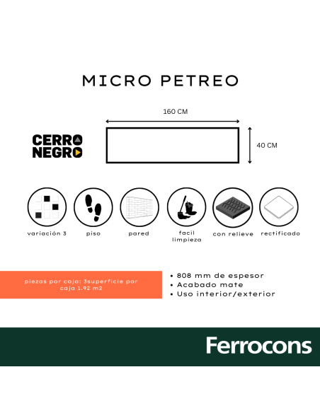 CCN PORC.RECT.MICRO PETREO 40X160 /M2