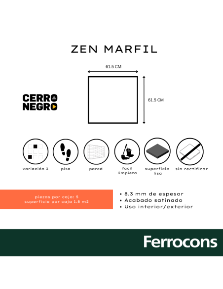 PORCELANATO ZEN MARFIL 61.5X61.5/M2 - CERRO NEGRO