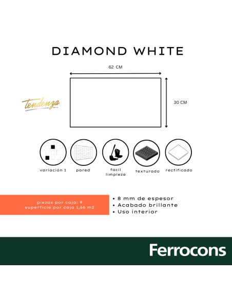 TENDENZA DIAMOND WHITE REC 30X62  M2