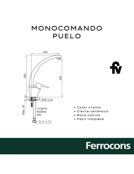 FV 423/B5 PUELO MONOCOMANDO PARA MESADADE COCINA CR