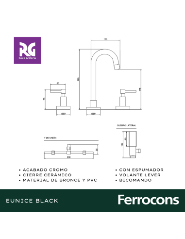 ROCA EUNICE BLACK LAVATORIO C PICO 90 LEVER