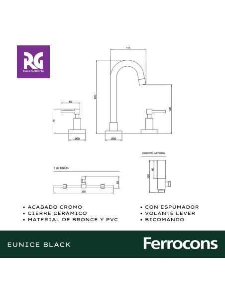 ROCA EUNICE BLACK LAVATORIO C PICO 90 LEVER