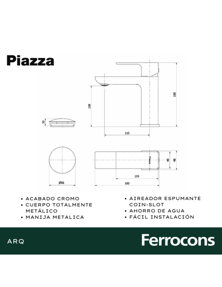 PIAZZA ARQ  MONOCOMANDO LAVATORIO MESADA COD 10400