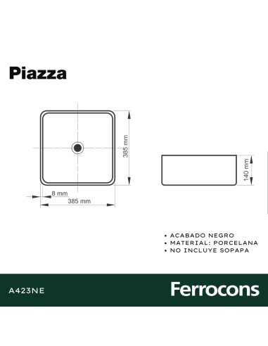PIAZZA BACHA A423NE CUAD 385X385X140 NEGRA MT