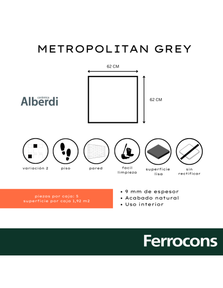 Porcellanato Metropolitan Grey 62X62 - Alberdi