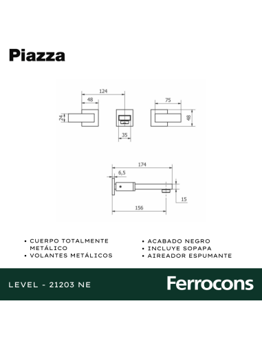 PIAZZA LEVEL LAVATORIO PARED NEGRO 21203NE