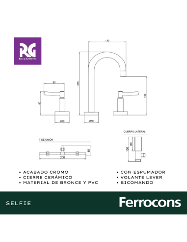 ROCA SELFIE LEVER LAVATORIO 90Â° CC CR