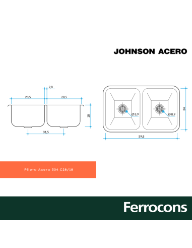 PILETA ACERO 304 C2818  CSOP
