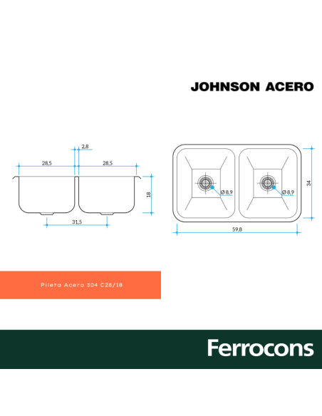 PILETA ACERO 304 C2818  CSOP