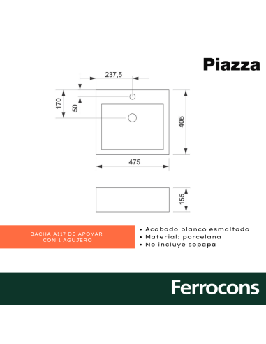 PIAZZA BACHA A117 AP RECTANGULO 1 AG 475X40X15...