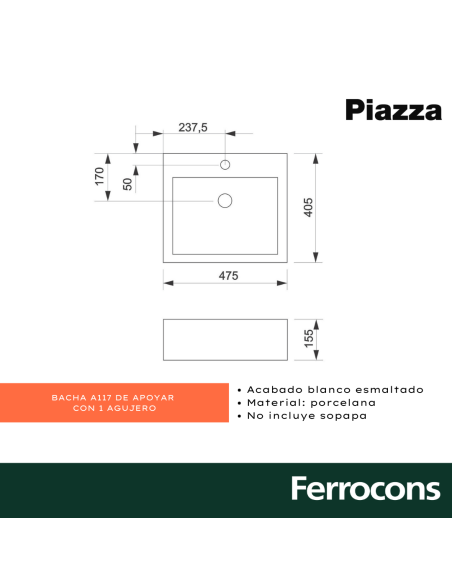PIAZZA BACHA A117 AP RECTANGULO 1 AG 475X40X15 BCA -
