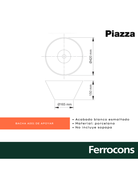 PIAZZA BACHA AP CONICA 42X42X15 BCA - A001