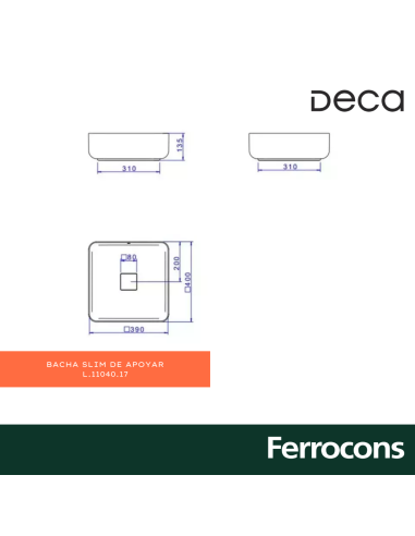 BACHA DECA L1104017 SLIM CUADRADA 400 X400X135