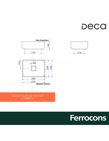 BACHA DECA L1304017 SLIM RECTANG 400X300X135
