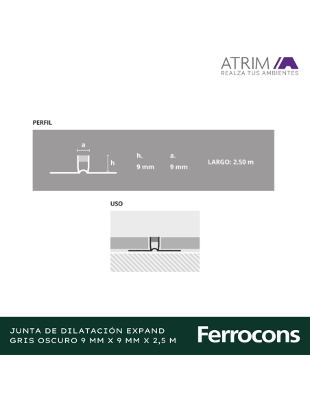 ATRIM 0845 JUNTA DILATEXP GRIS OSCURO 9MMX250M PVC