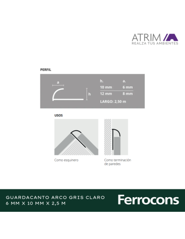 ATRIM 1565 GRIS GUARDACANTO ALUMINIO 10MM X 25M