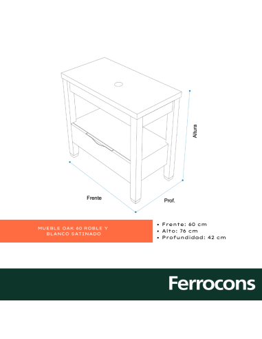MUEBLE  OAK 60 BCO Y ROBLE P BACHA DE APOYO