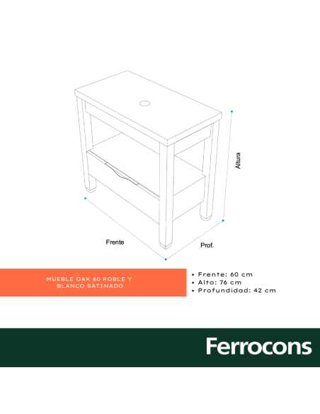 MUEBLE  OAK 60 BCO Y ROBLE P BACHA DE APOYO