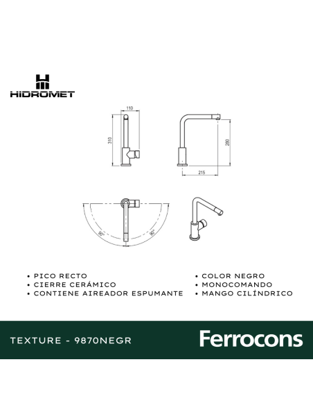 HIDROMET TEXTURE 9870NEGR MONOCOAMDO DE COCINA RECTO NEGRO