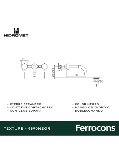 HIDROMET TEXTURE 9890NEGR LAVATORIO PARED NEGRO