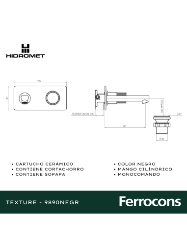 HIDROMET TEXTURE 9880NEGR MONOCOMANDO LAVATORIO...