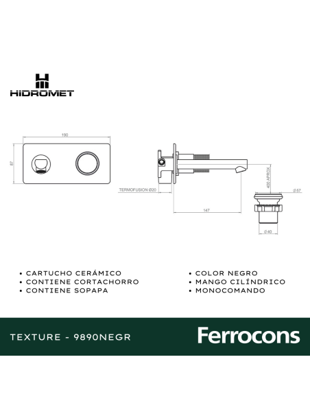 HIDROMET TEXTURE 9880NEGR MONOCOMANDO LAVATORIO PARED NEGRO