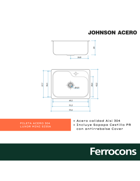 PILETA ACERO 304 LUXOR MINI SI55A